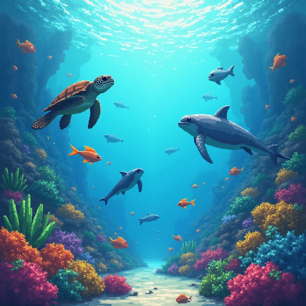 Minecraft Underwater World with Vibrant Ocean Creatures