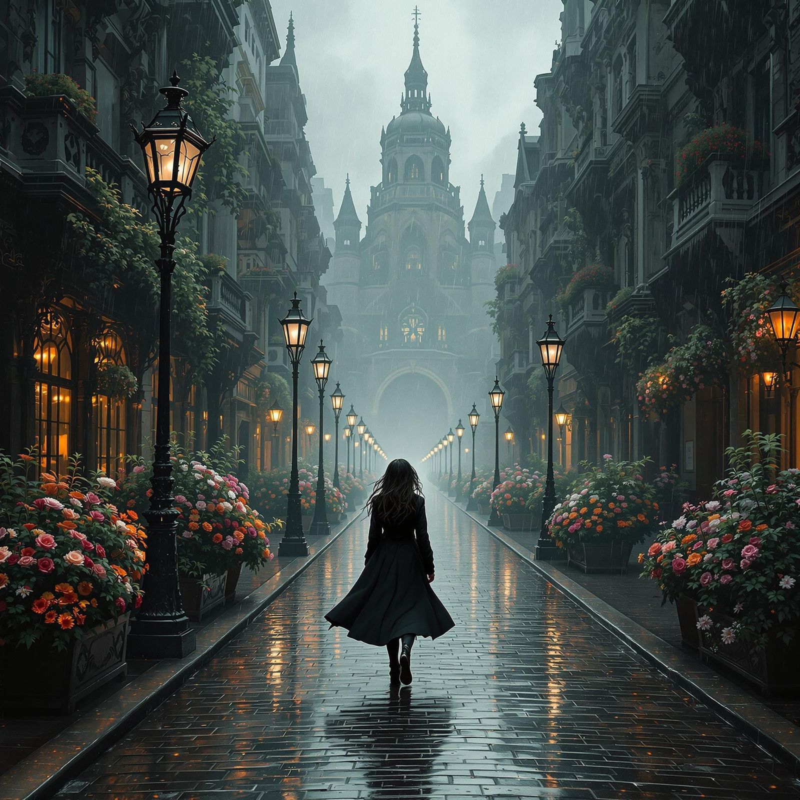 Rainy Victorian Street Scene with Woman