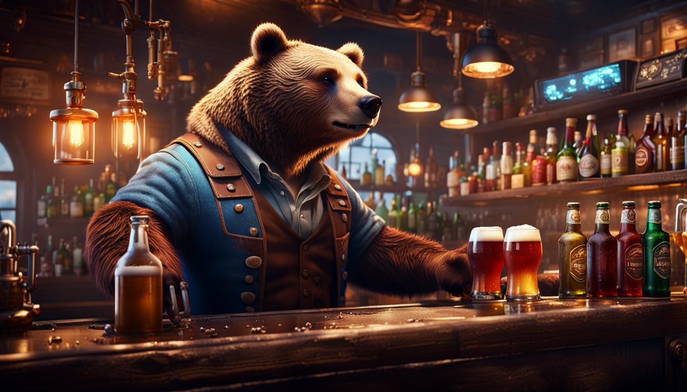 Bear Bartender Brewing Beer: Fantasy Concept Art