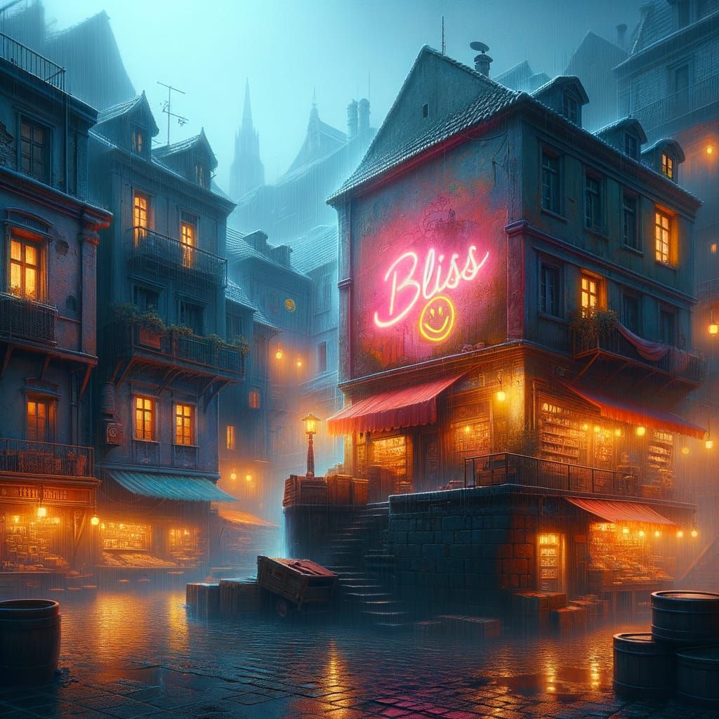 Old European Quarter at Night with Graffiti Art