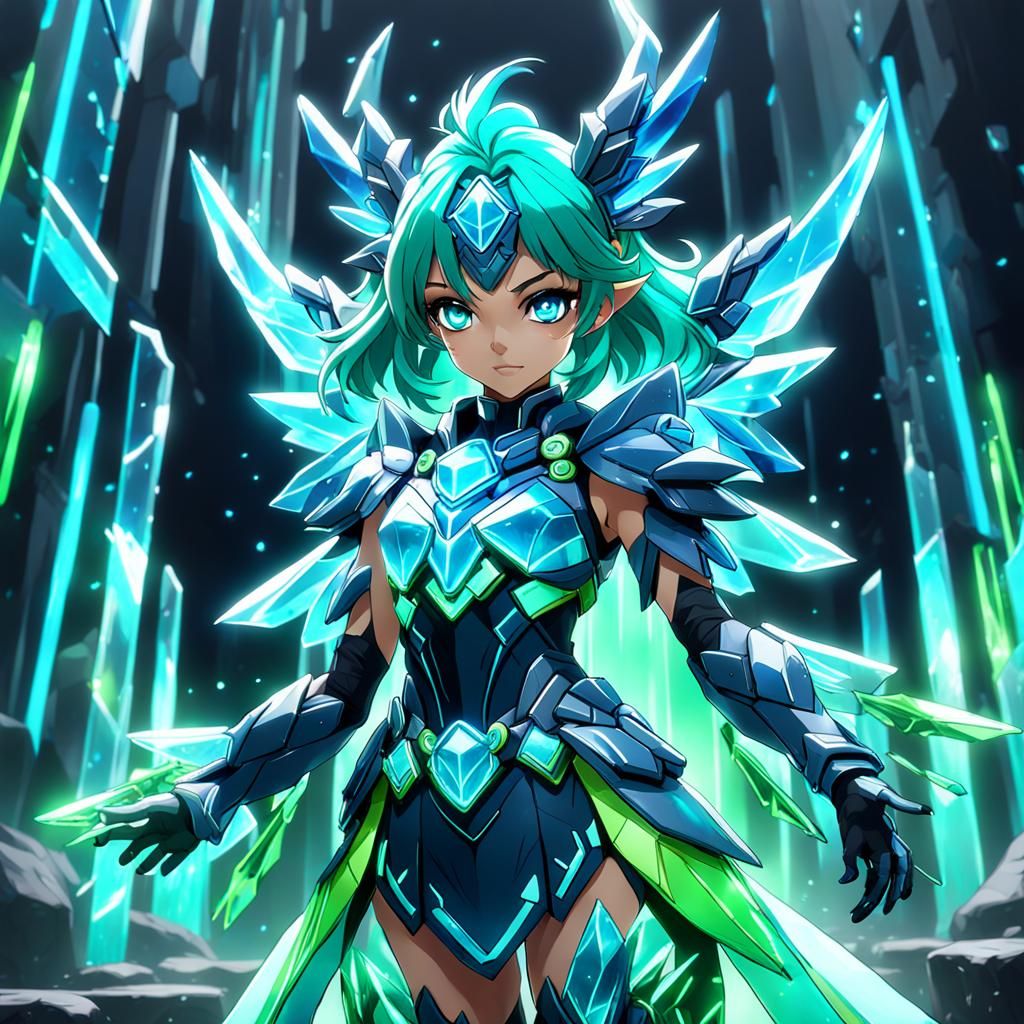 Anime Neon Crystal Guardian Girl: Detailed Matte Painting