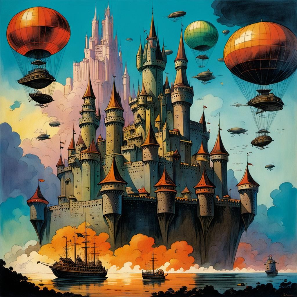 Fantasy Castle with Airships in Retro Sci-Fi Style