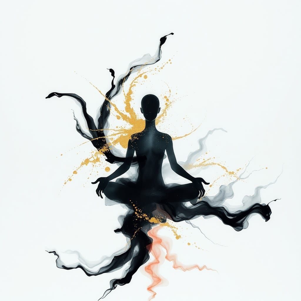 Meditating Figure Blooms in Ink and Gold Water