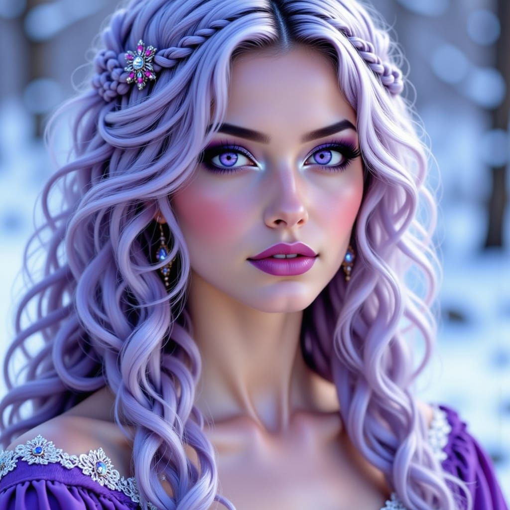 Woman with Purple Eyes and Braided Hair in Art Nouveau Style