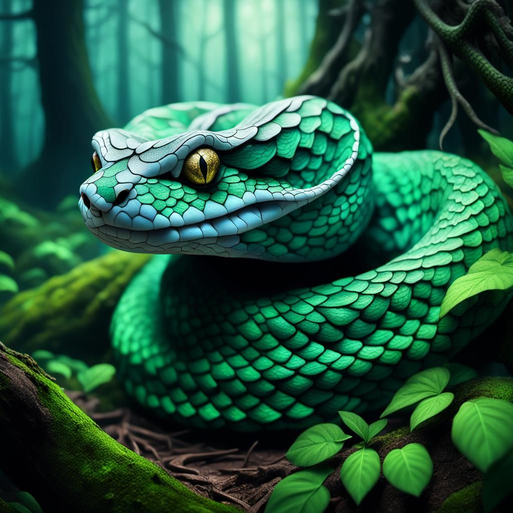 Horned Pit Viper in Misty Forest, Fantasy Art