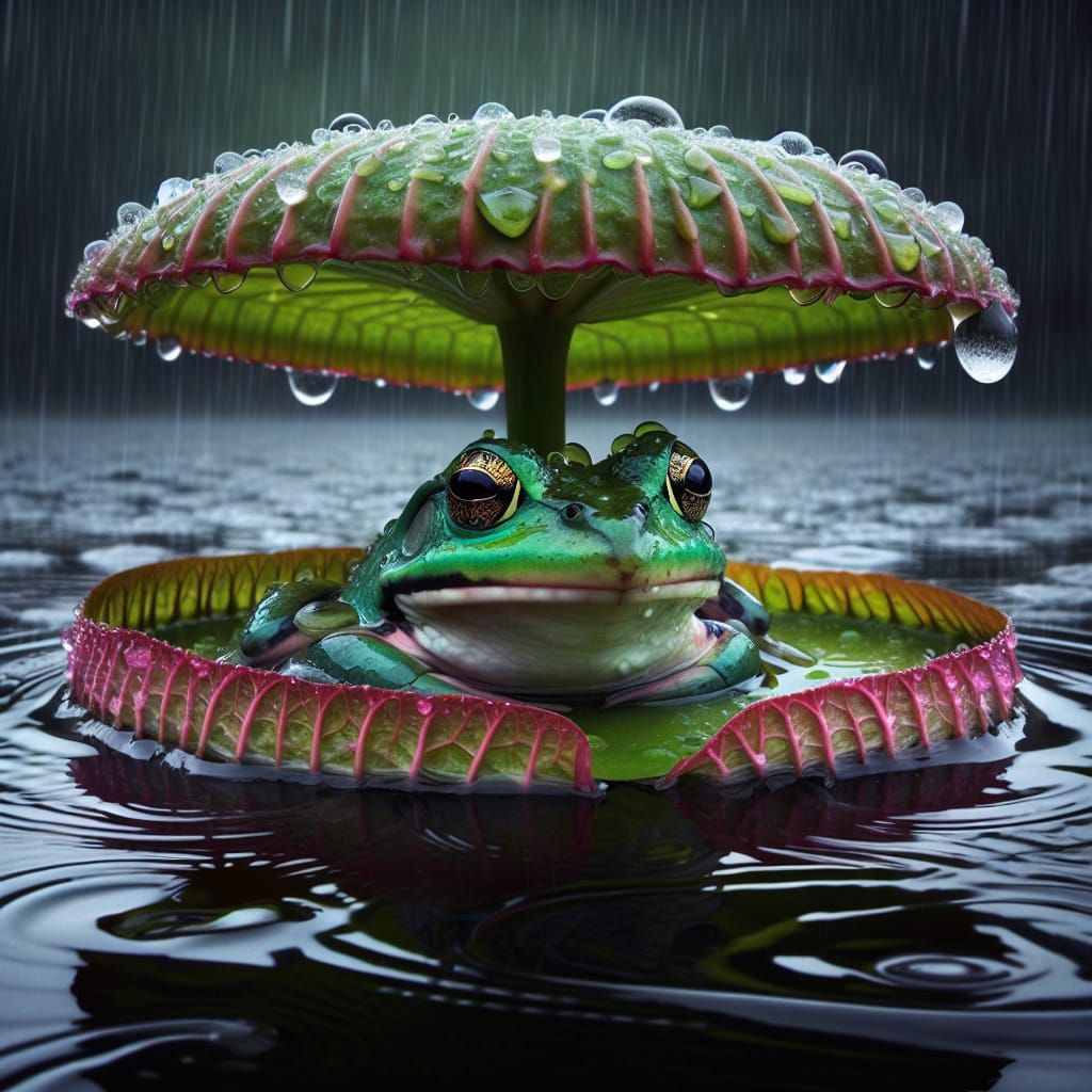 Bullfrog Meditates on Lily Pad in Rain