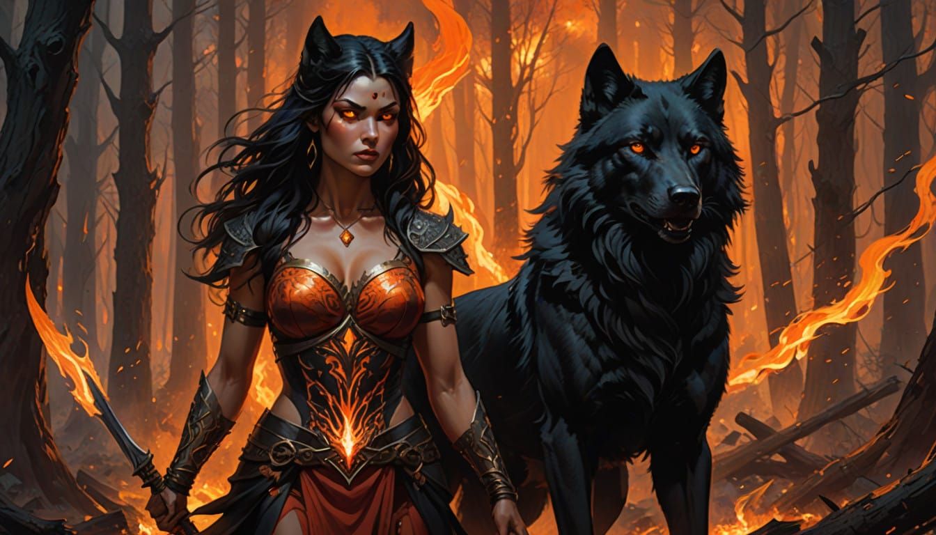 Wildfire Spirit: Dark-Haired Warrior in Primal Beauty