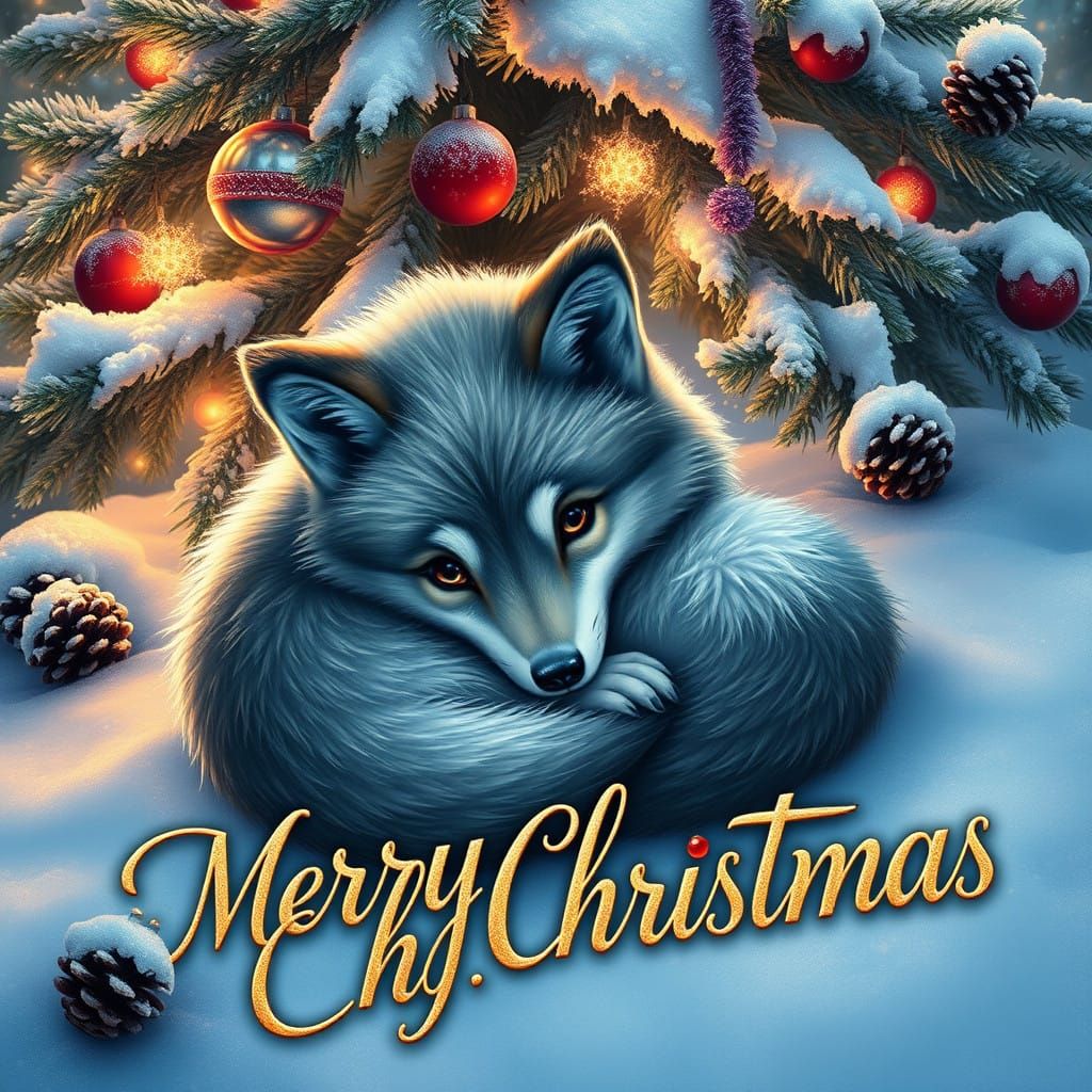 Baby Wolf Under Christmas Tree with Merry Christmas in Snow