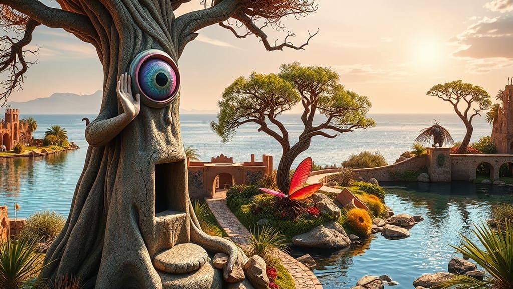 Surreal Oasis with Ancient Statue and Vibrant Landscapes