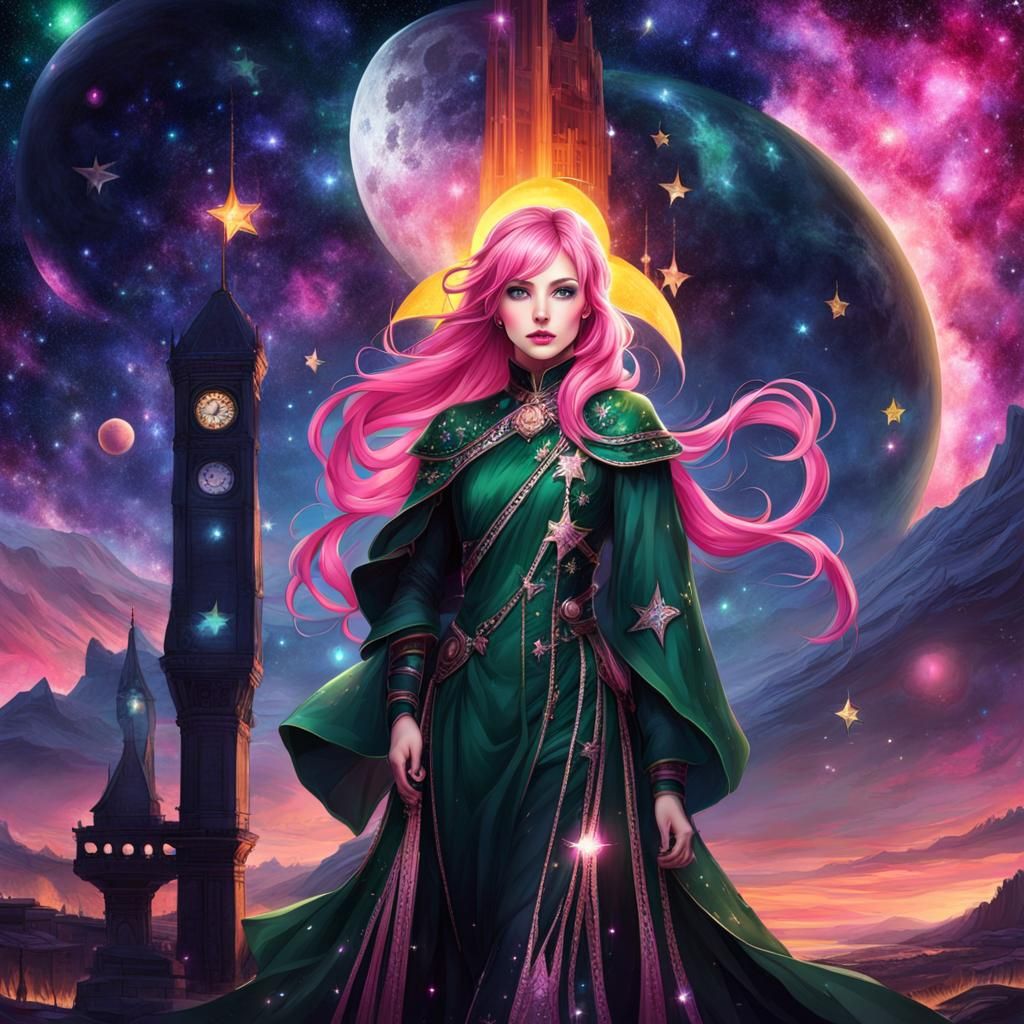 Ethereal Woman with Pink Hair and Celestial Aura