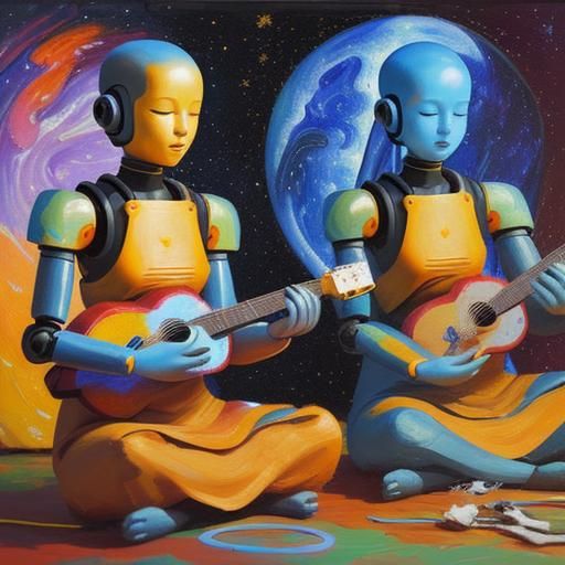 Meditating Robot Monks in Neo-Impressionist Style