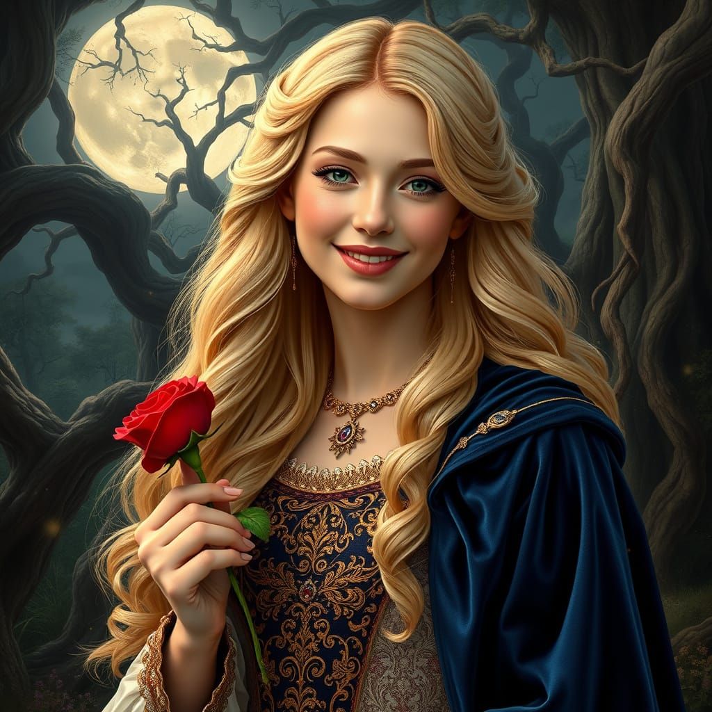 Renaissance Princess in Baroque Attire, Holding a Rose, in a...