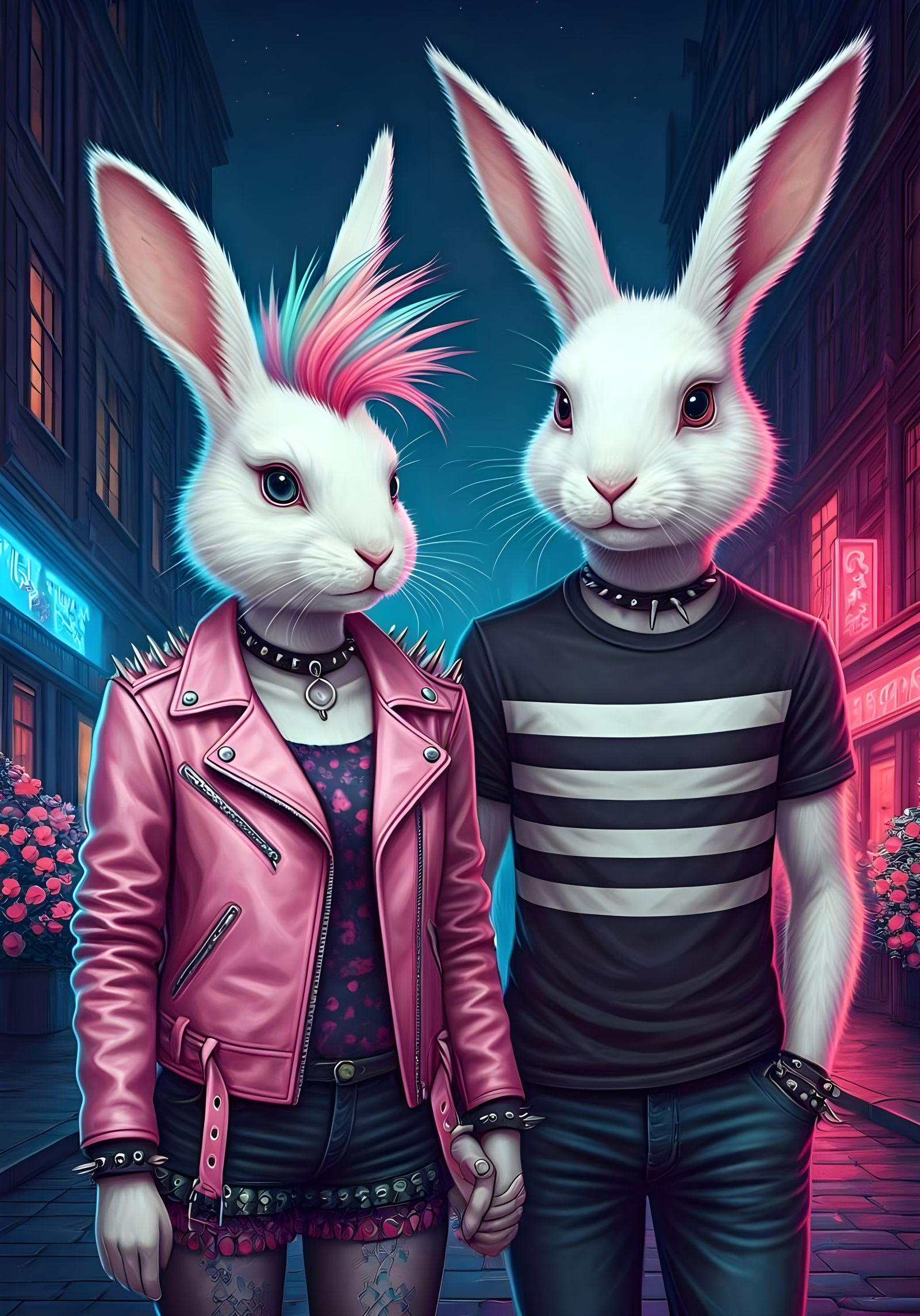 Whimsical Punk Bunnies in Pastel Goth Cityscape