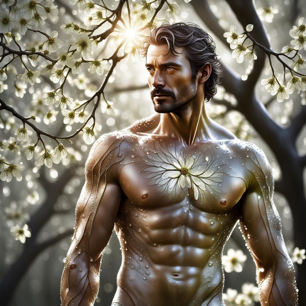 Ethereal Man with Dogwood Flowers in Gouache Style