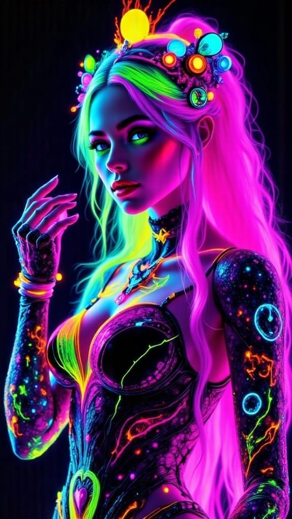 Raver Woman with Glowing Pink and Blue Hair in Neon Outfit