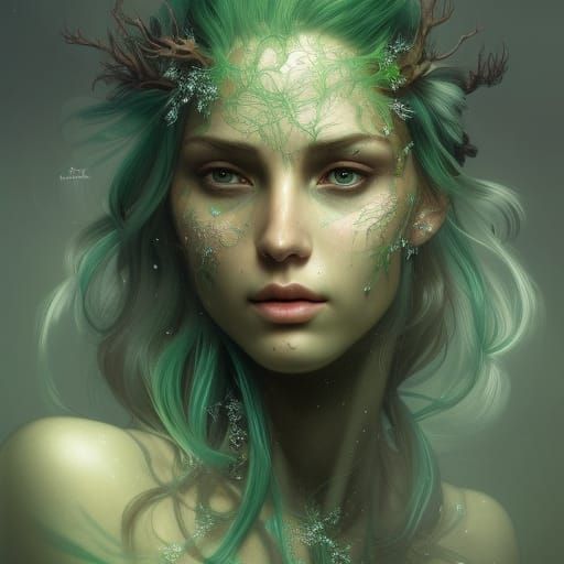 Winter Witch with Fractal Ice Dress, Detailed Portrait