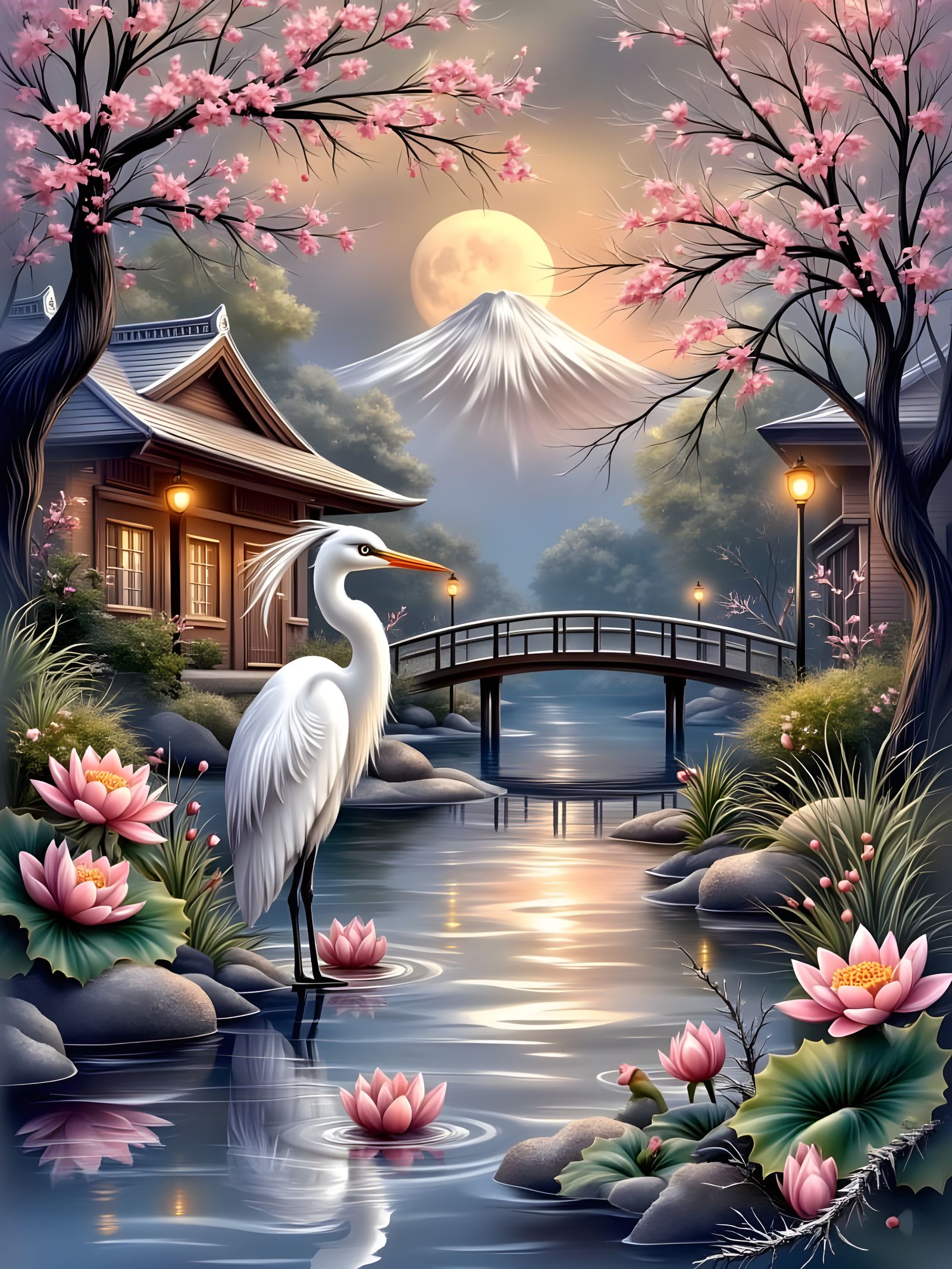 Tranquil Nocturnal Pond Scene in Torii Kiyonaga Style