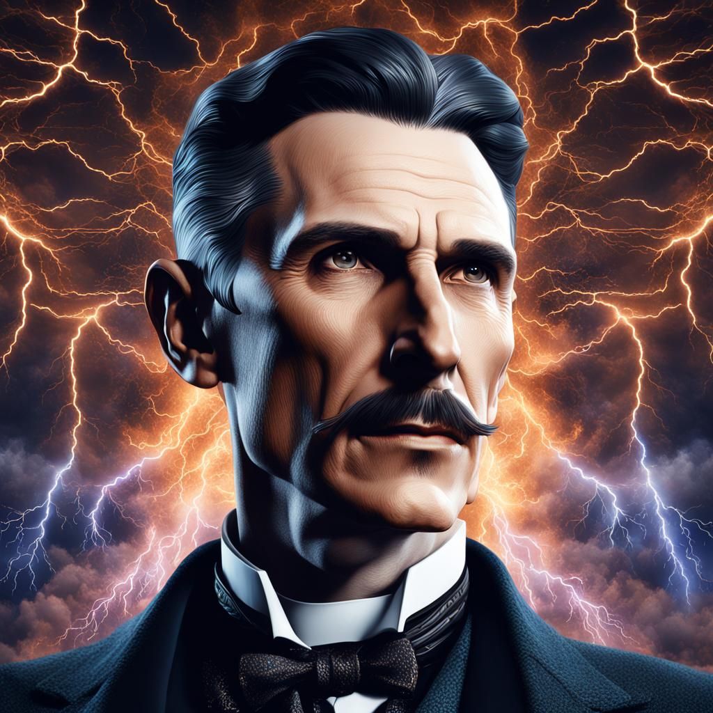 Nikola Tesla Portrait in Lightning, Digital Art