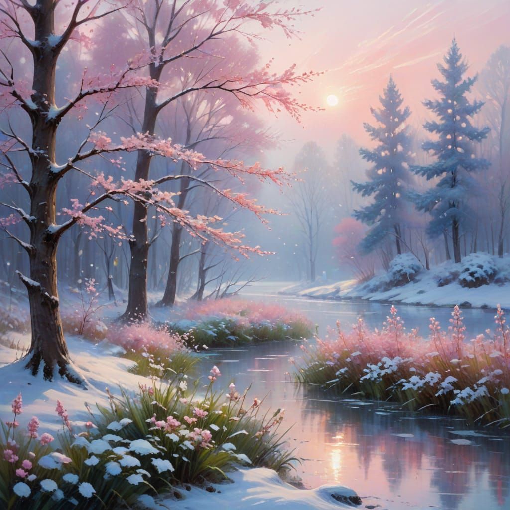 Dreamlike Snowy Landscape in Impressionist Style