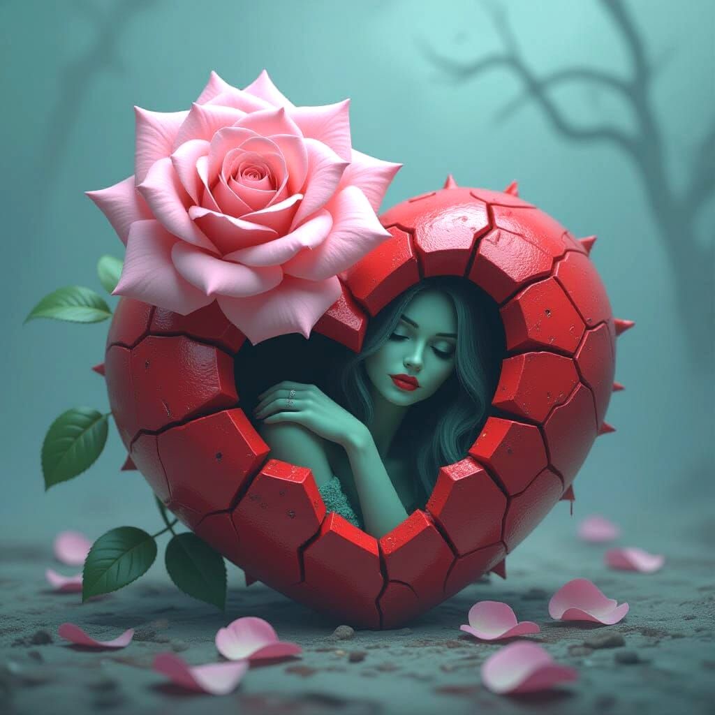 Ghostly Rose, Cracked Heart, and Eerie Face in Spooky Style