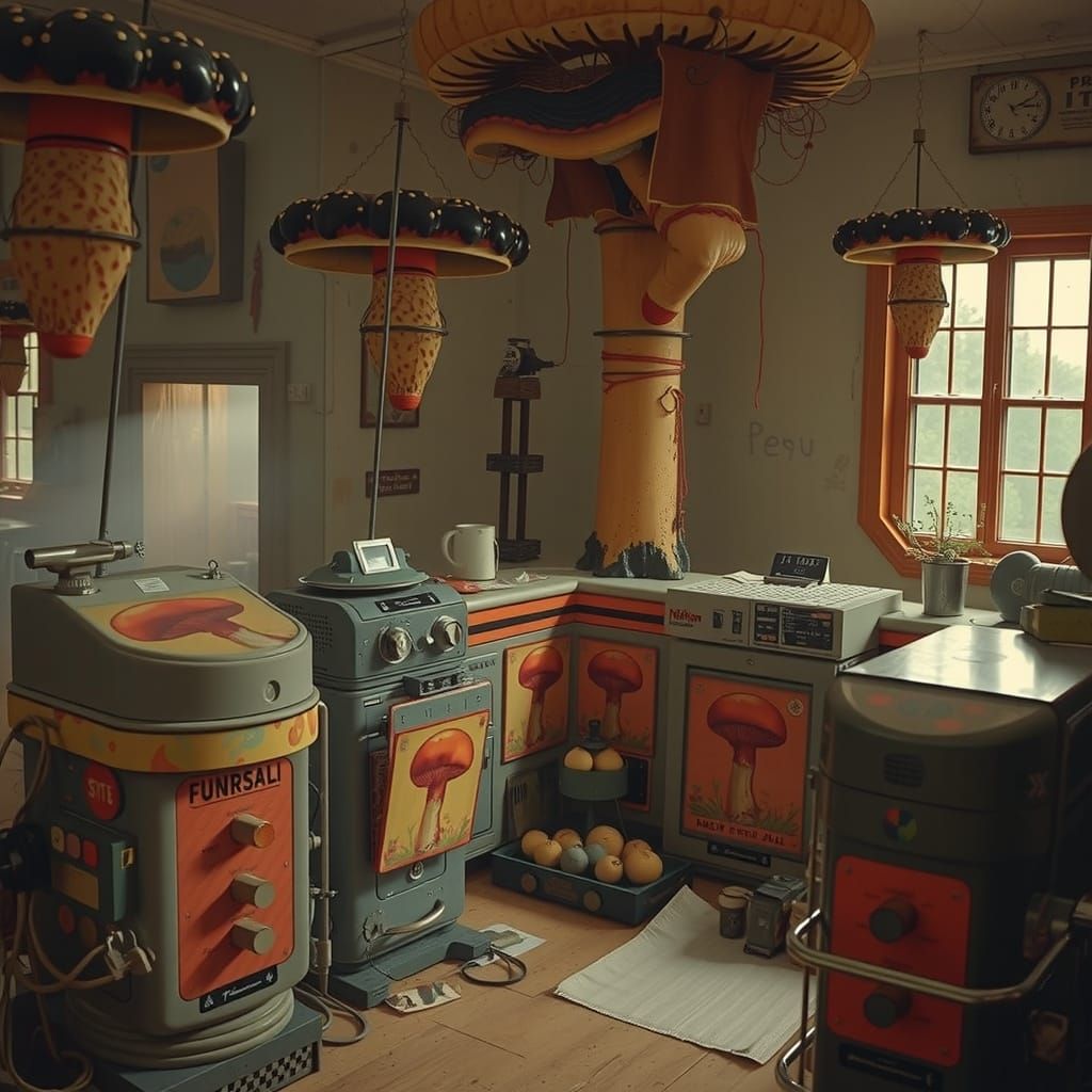 Deserted District with Mushroom Flags in Hyperreal Style