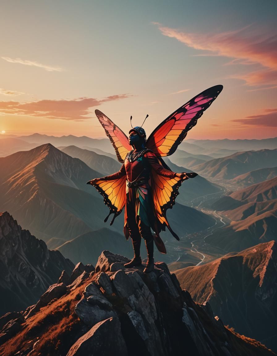 Human Butterfly at Sunset in Cinematic Style