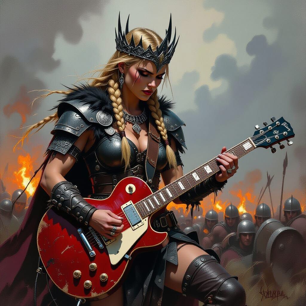 Valkyrie Shredding Guitar on Stormy Battlefield