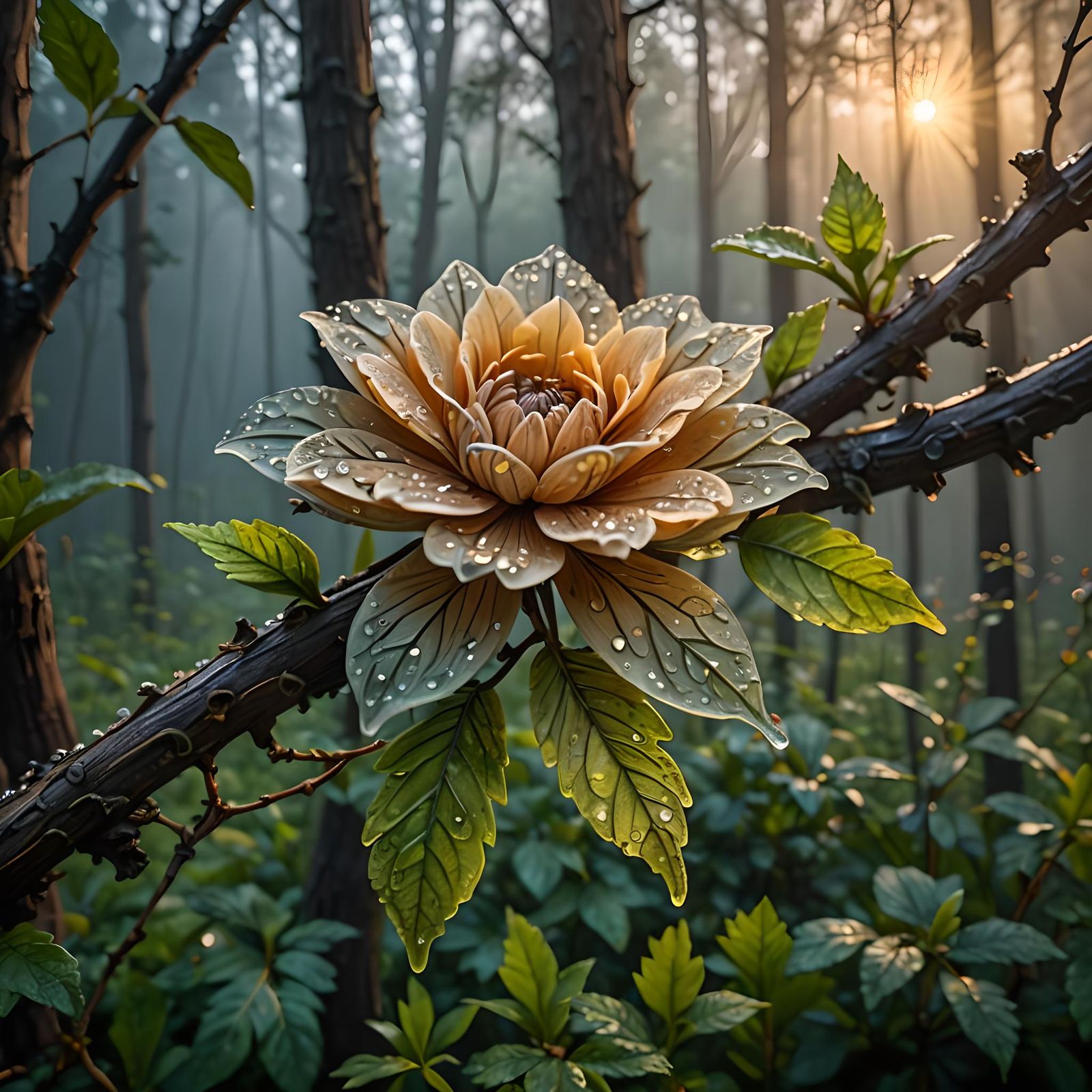 Intricate Wooden Flower in Misty Forest: Macro Photo