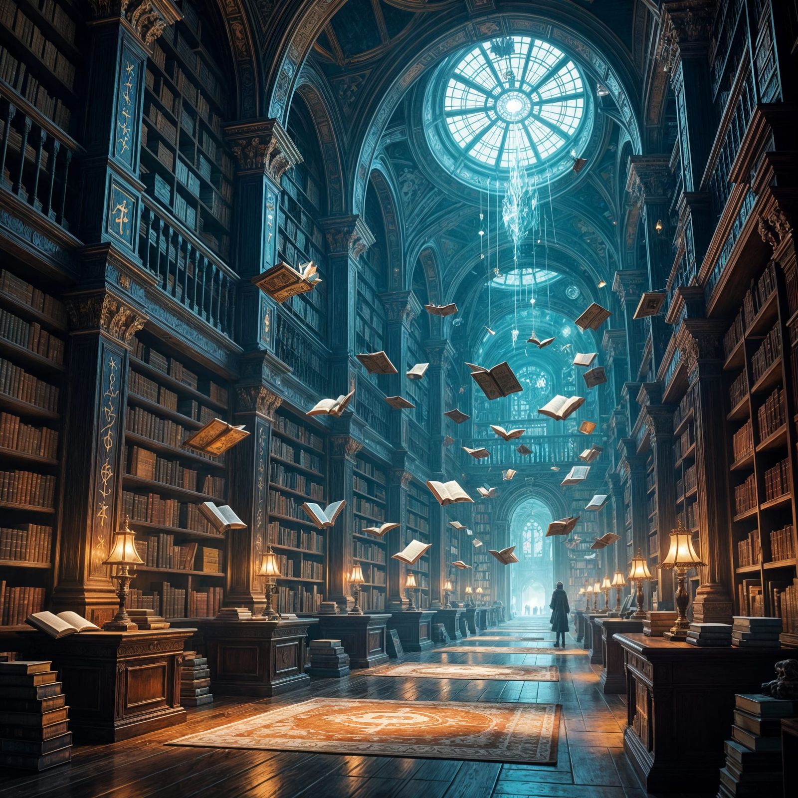 Magical Library With Flying Books and Glowing Runes