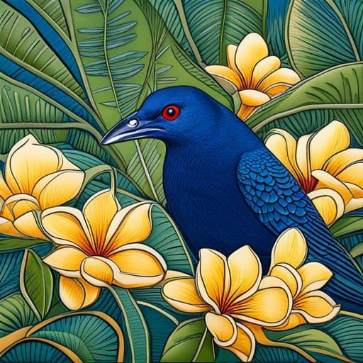 Satin-bowerbird Feeds on Frangipani: Linocut Print
