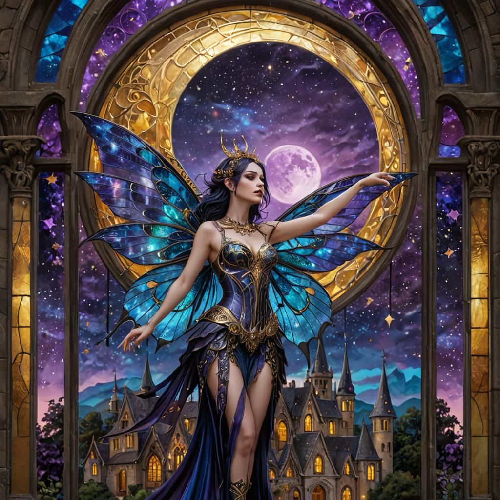 Gothic Fairy Spreading Wings Before Moon