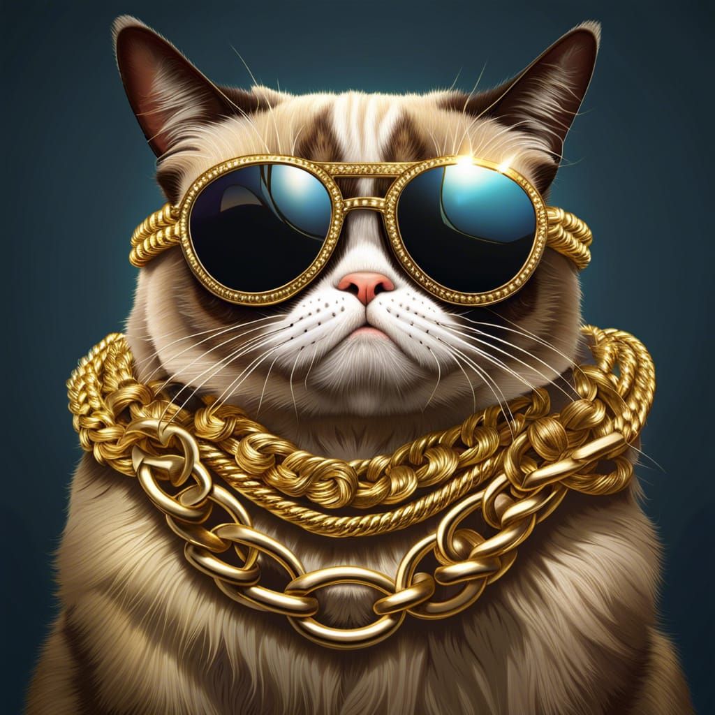 Grumpy Cat in Gold Chain: Hyperrealistic Illustration
