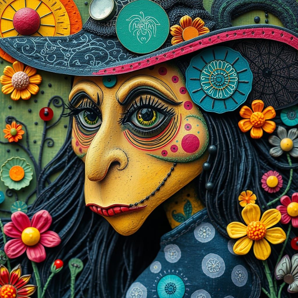 Whimsical closeup witch , Surreal Garden, Playful, Vibrant P...