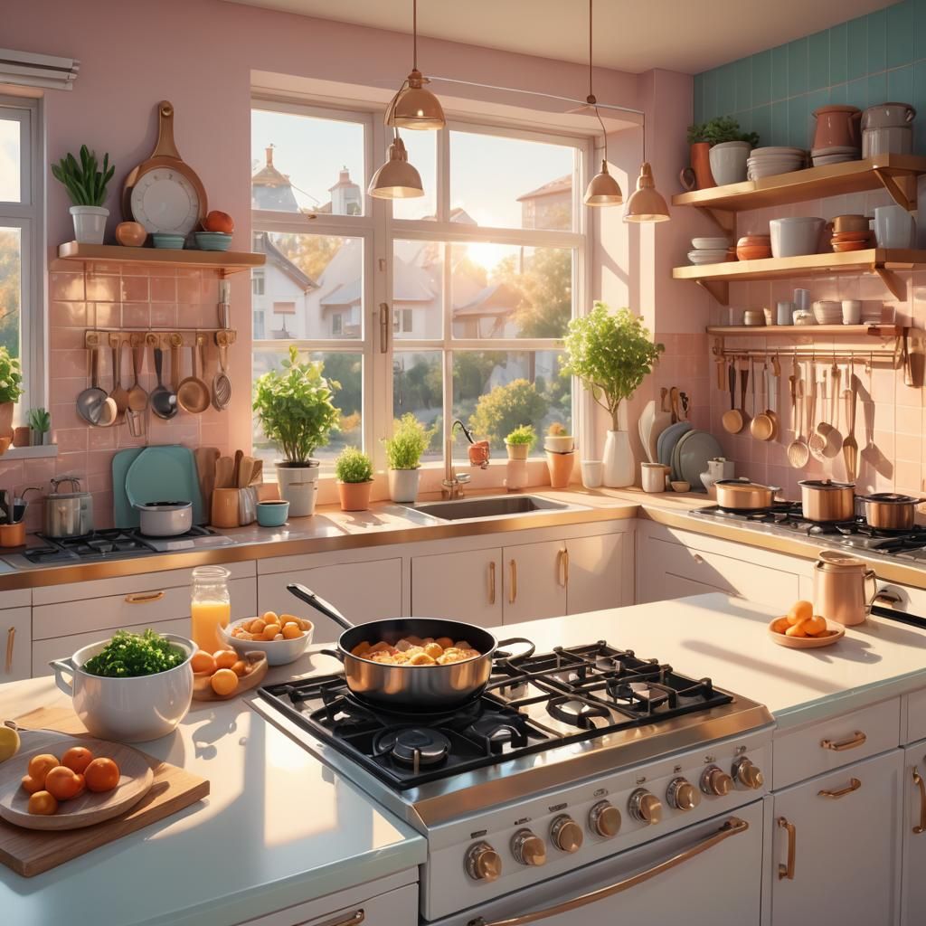 Cozy Kitchen in Anime Style with Diffused Sunlight