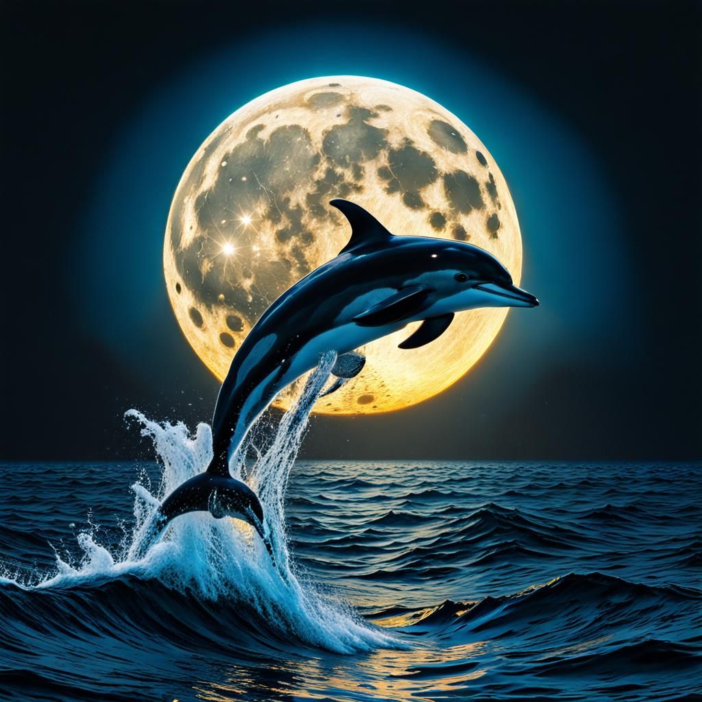 Dolphin Silhouette Leaping Before a Giant Moon