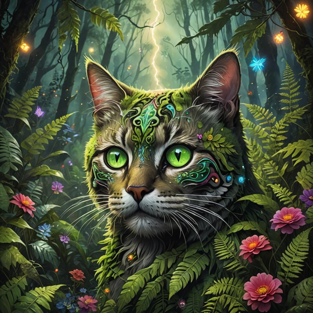 Cat with Sugar Skull Face in Fantasy Forest