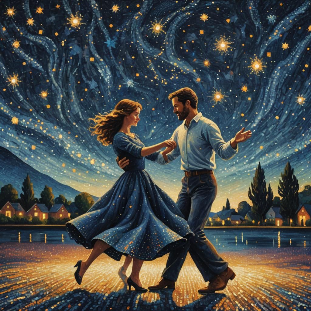 Romantic Couple Dancing Under Starry Sky as Pointillism