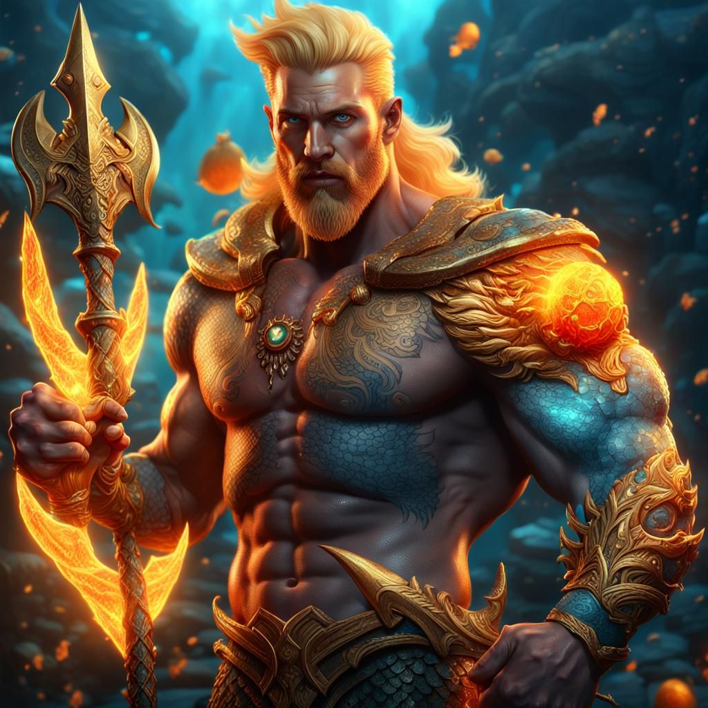 Tattooed Merman with Trident Fantasy Concept Art