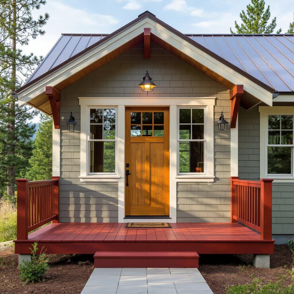 Serene Cabin with Red Deck in Realist Style