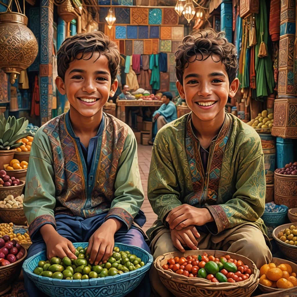 Twin Boys in Moroccan Market, Astral Illustration