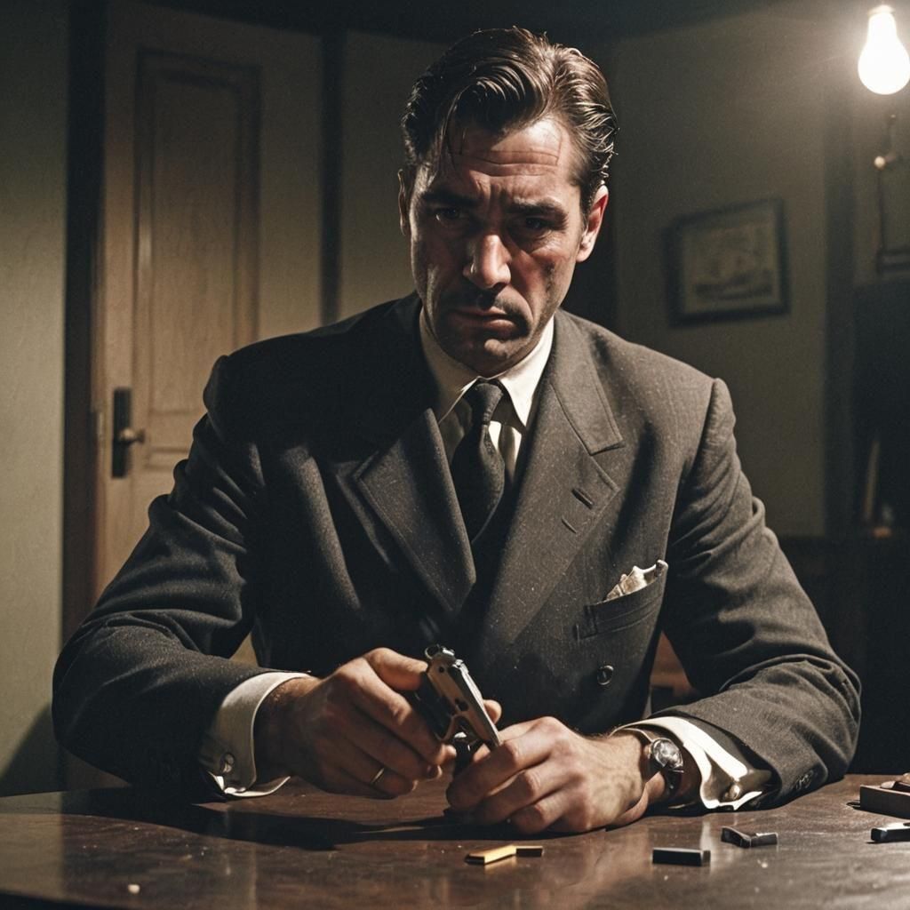 Dramatic Film Still: Man Cleaning Pistol in Shadow