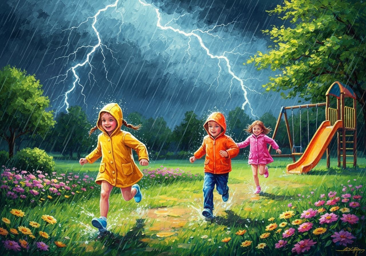 Children Run From Summer Storm in Gouache Style