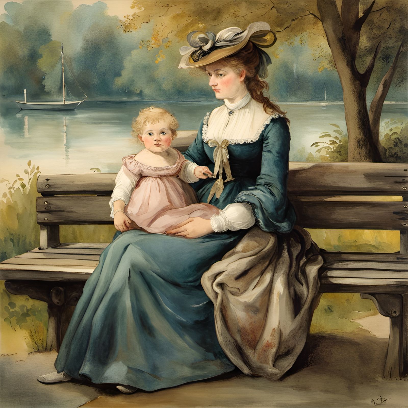 Woman and Child in Park: Watercolor Painting
