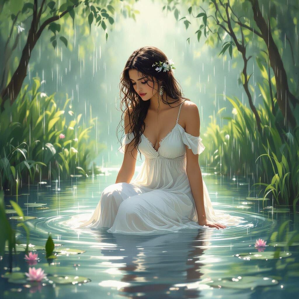 Girl Bathes in Serene Pond Under Gentle Rain