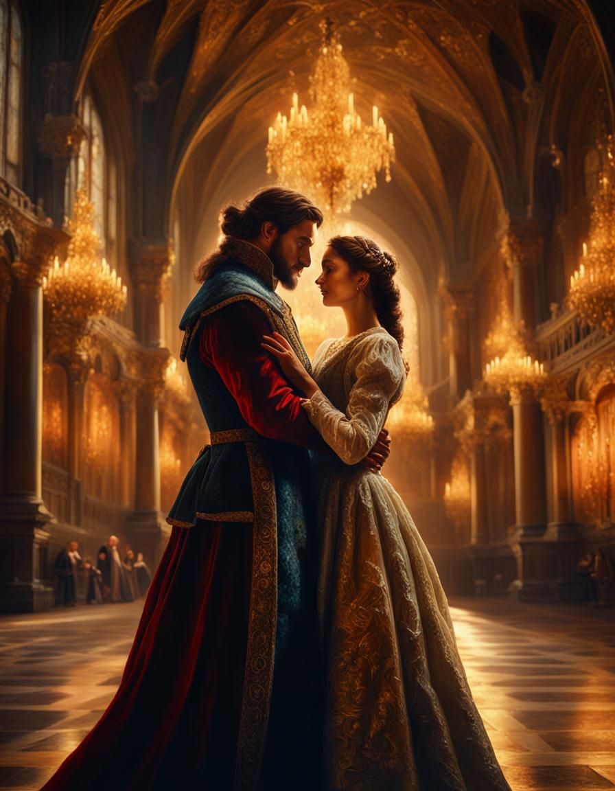 Medieval Couple Embracing in Ornate Hall in Baroque Style