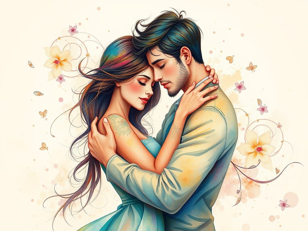 Embracing Couple in Digital Watercolour Style