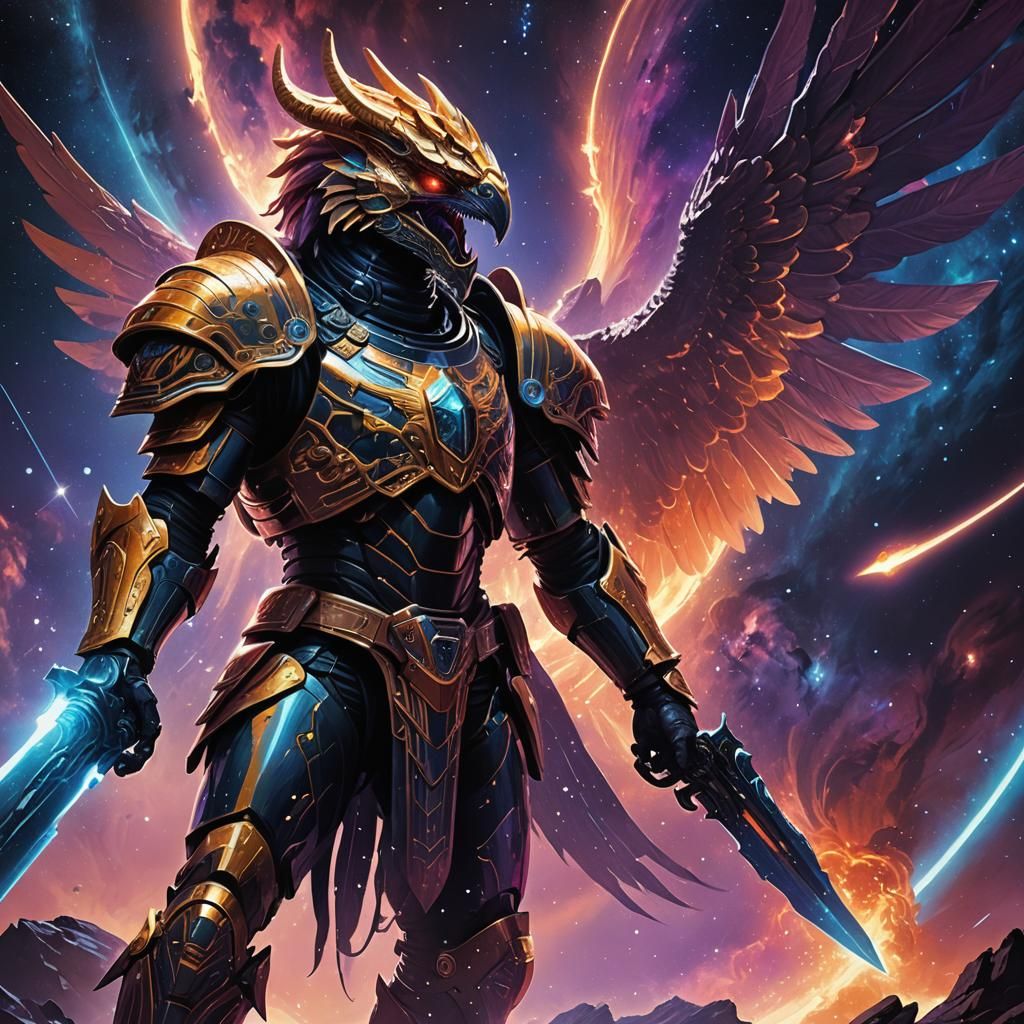 Galactic Gladiator vs Ghostly Griffin in Neon Cosmic Battle