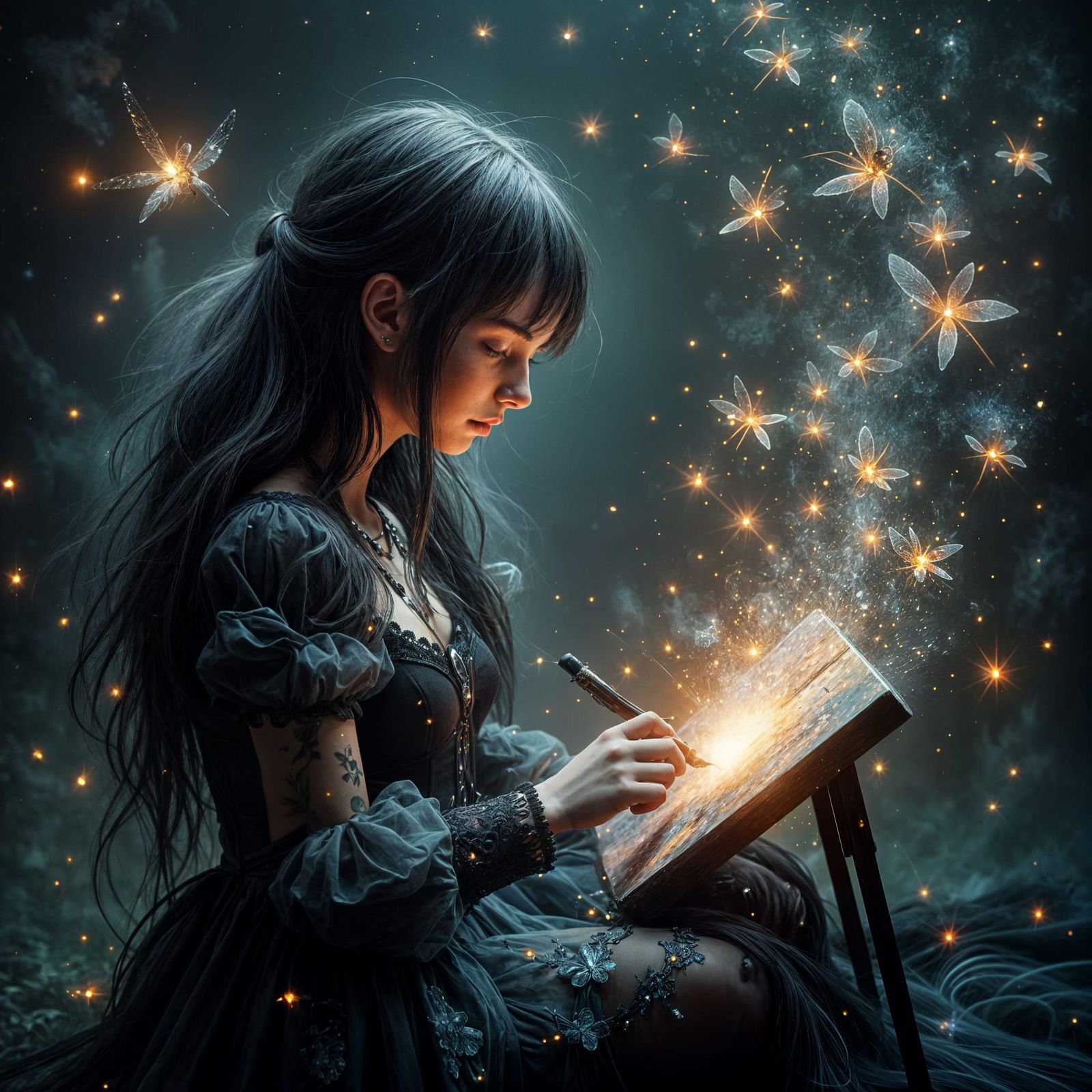 Gothic Artist Creates Enchanted Painting with Fireflies