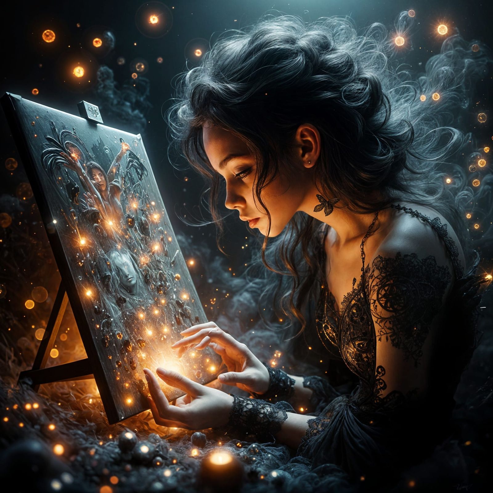 Gothic Artist Creates Enchanted Painting with Fireflies