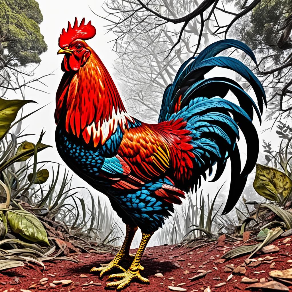 Hyperdetailed Red Rooster in Maximalist Style